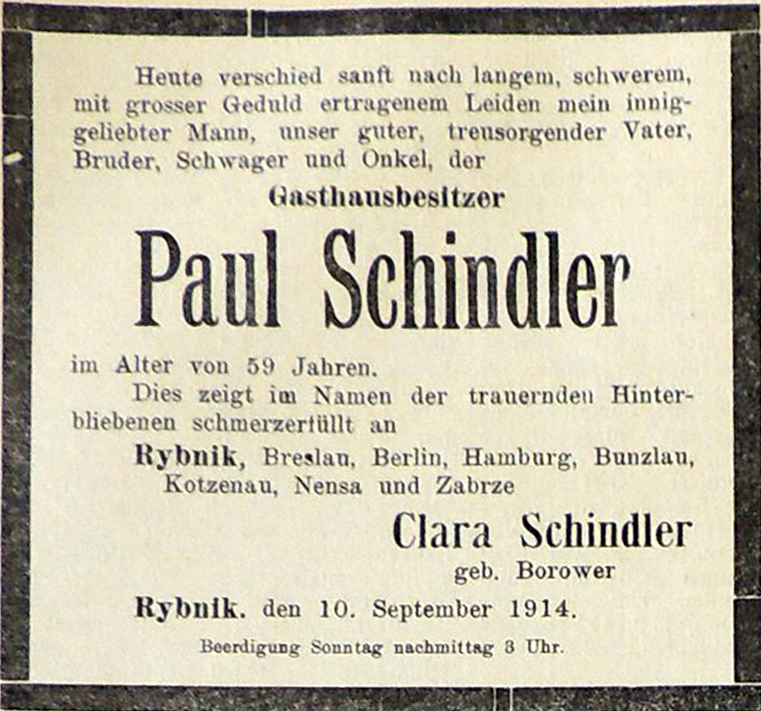 Nekrolog w Rybniker Kreisblatt z 11.09.1914 r.
