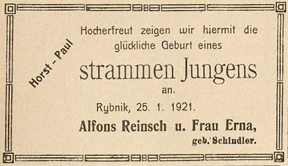 Ogłoszenie o narodzinach syna Alfonsa i Erny Reinschów - Rybniker Kreisblatt