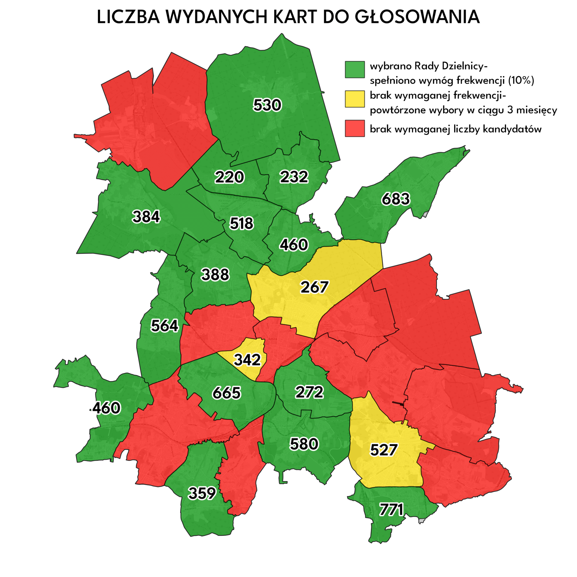 Najwięcej kart do głosowania wydano w dzielnicy Boguszowice - Osiedle. Grafika Sebastian Śmieja