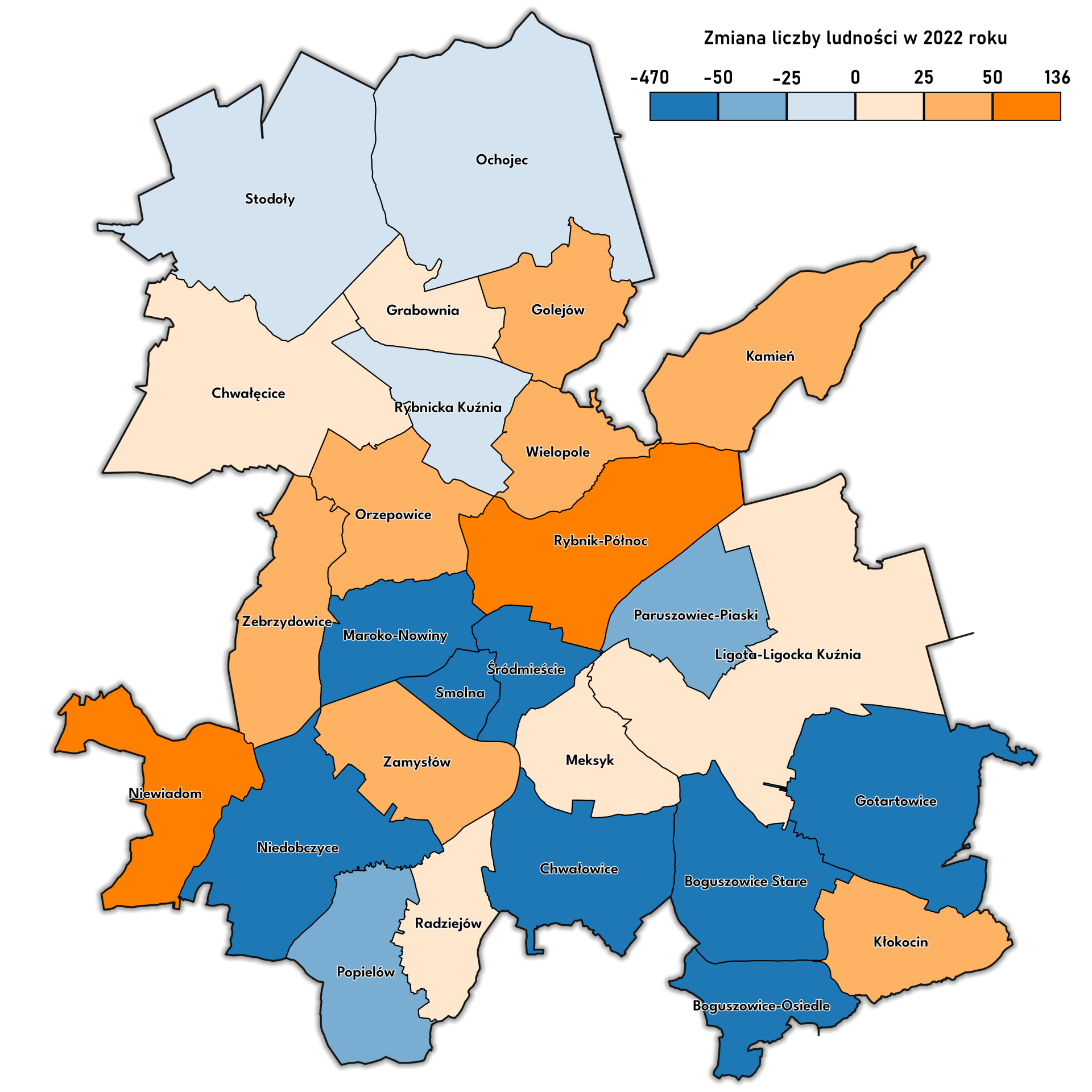 Zmiany liczby ludności w dzielnicach Rybnika w 2022 roku. Infografika Sebastian Śmieja