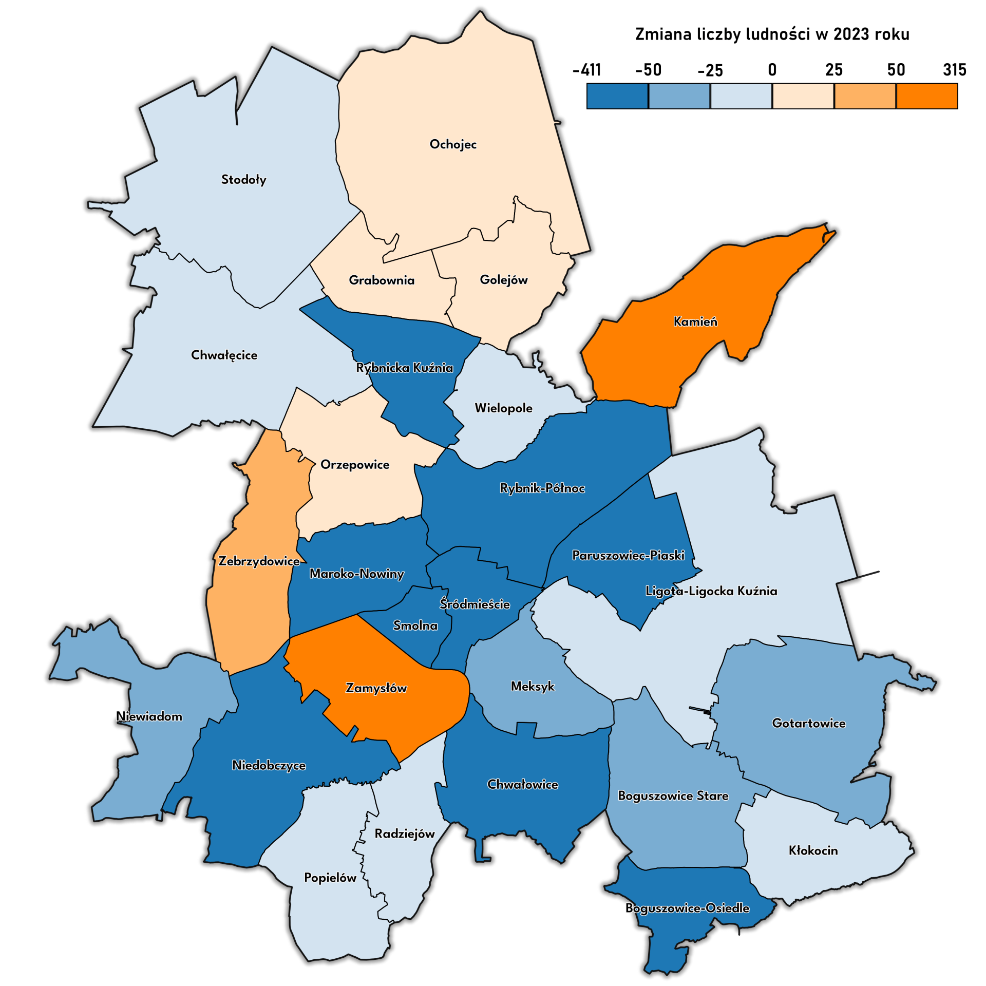Zmiana liczby mieszkańców w dzielnicach Rybnika w 2023 roku. Infografika Sebastian Śmieja