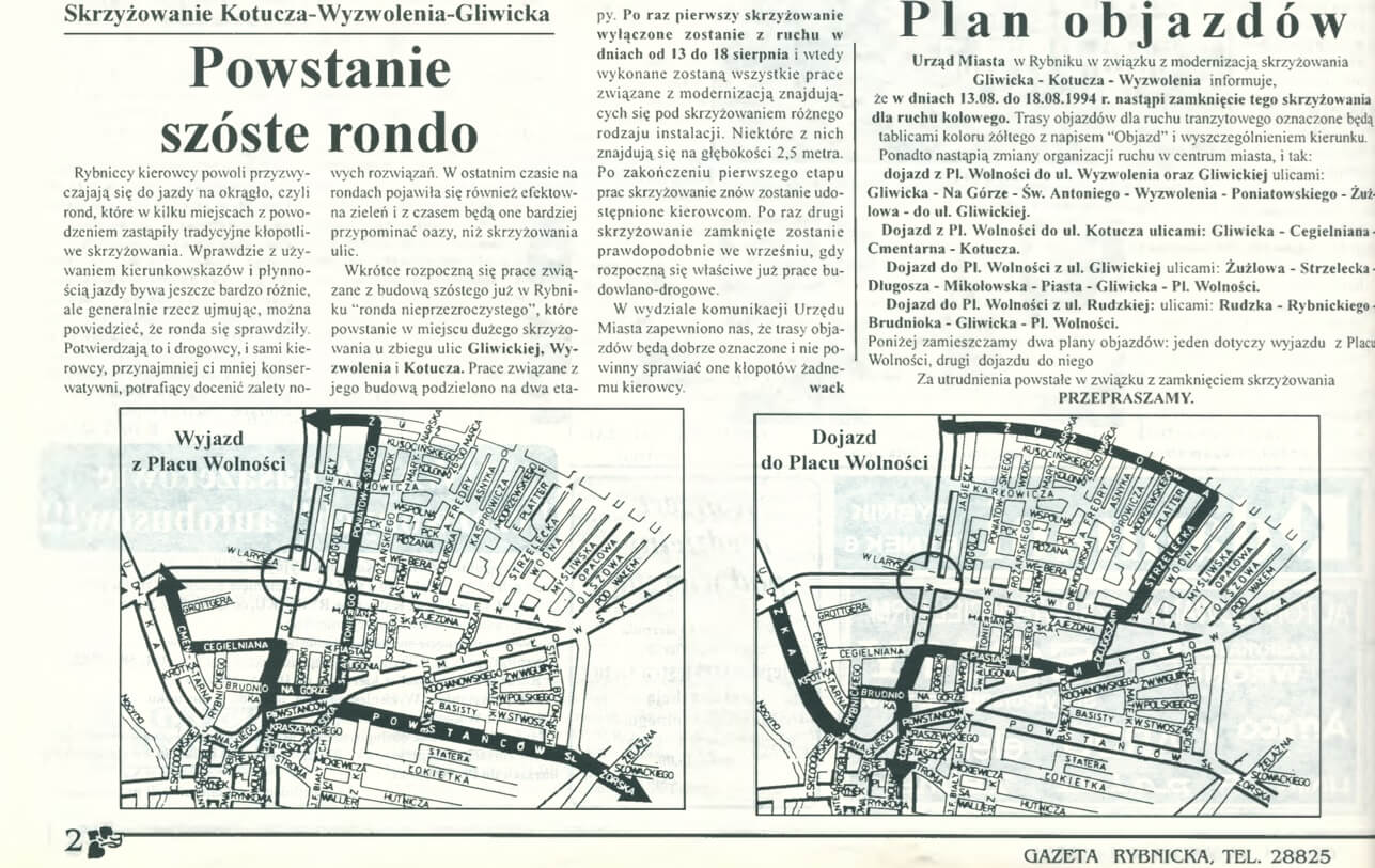 Budowę szóstego ronda zapowiadała Gazeta Rybnicka 12 sierpnia 1994 roku.