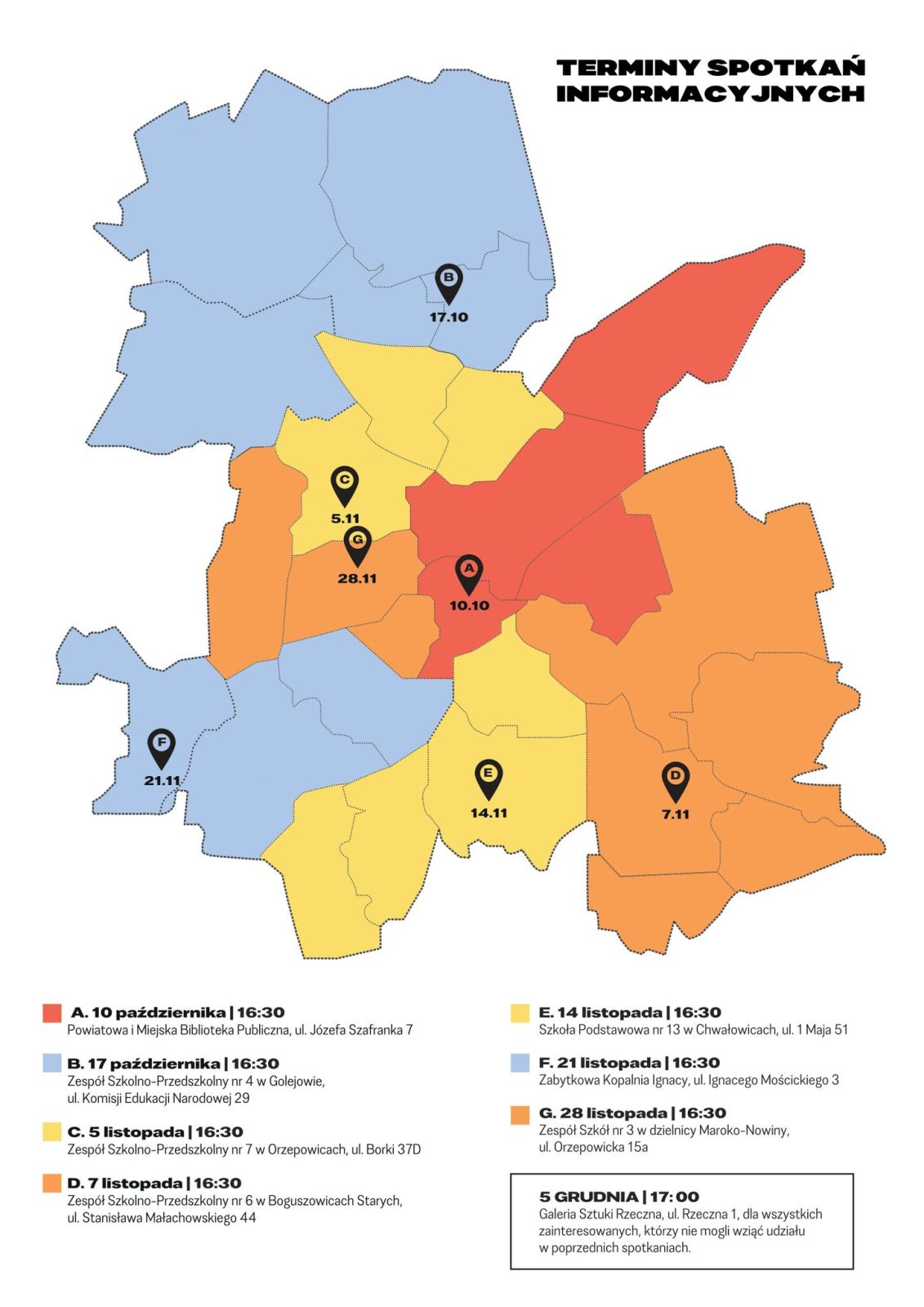 Terminy spotkań informacyjnych o planie ogólnym miasta Rybnika dla mieszkańców poszczególnych dzielnic. Infografika Sebastian Śmieja